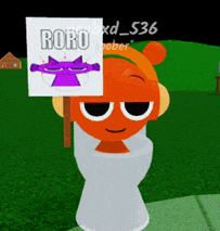 a cartoon character holding a sign that says roro on it