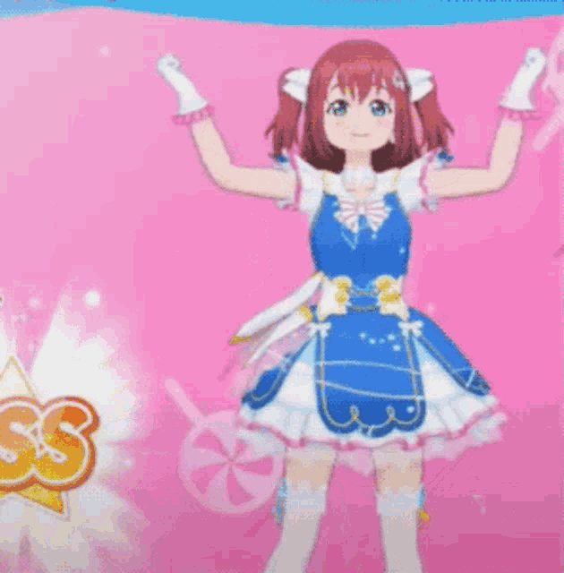 a girl in a blue and white dress stands in front of a pink background with the letter s on it