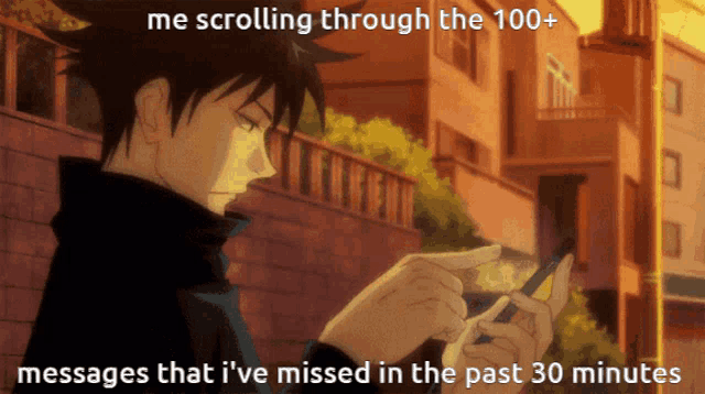 a cartoon of a man scrolling through the 100+ messages that he missed in the past 30 minutes