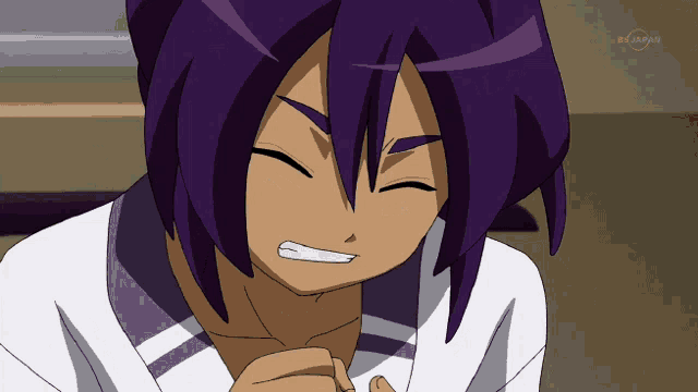 a cartoon character with purple hair is on a tv show