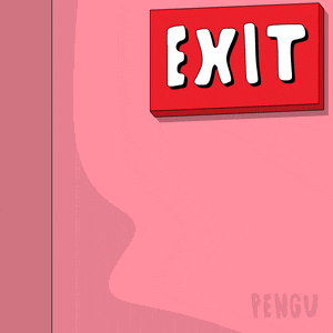 a cartoon penguin stands in front of an exit sign
