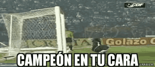 a picture of a soccer goal with the words campeon en tu cara written on it