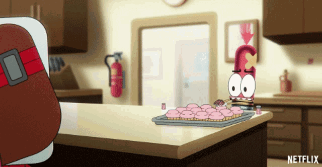 a cartoon character standing next to a tray of cupcakes with netflix written in the corner