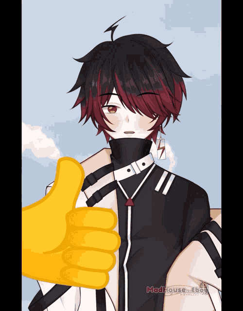 a yellow hand giving a thumbs up next to a drawing of a boy with red hair