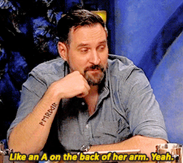 a man with a tattoo on his arm that says pyrrdor