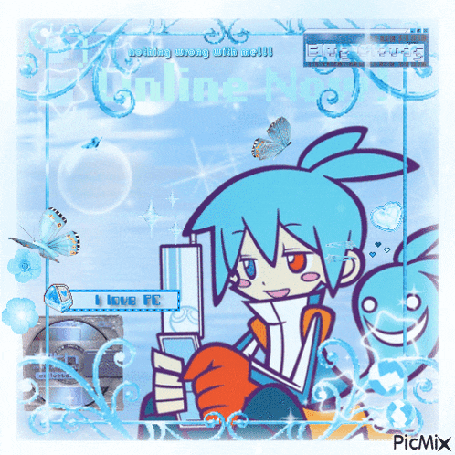 a picture of a boy holding a cell phone with the words i love pc on the bottom right