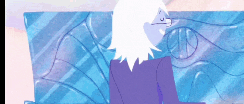 a cartoon character is sitting on a blue couch