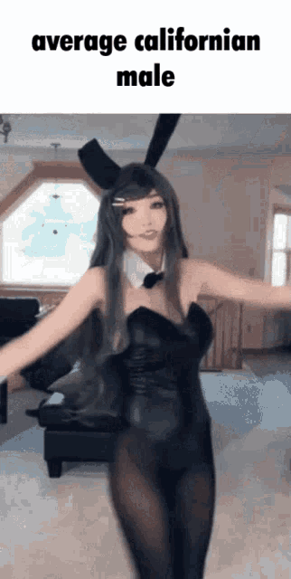 a woman in a bunny costume is dancing in a living room with the caption " average californian male "
