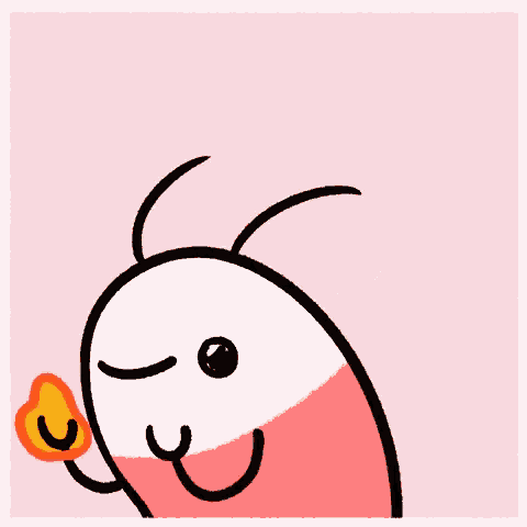a cartoon drawing of a shrimp with flames and a heart above it