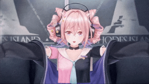 a girl with pink hair and headphones stands in front of a sign that says ' ice island ' on it