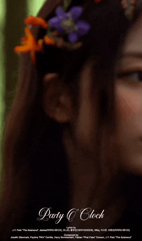 a close up of a woman 's face with the words party o clock on it