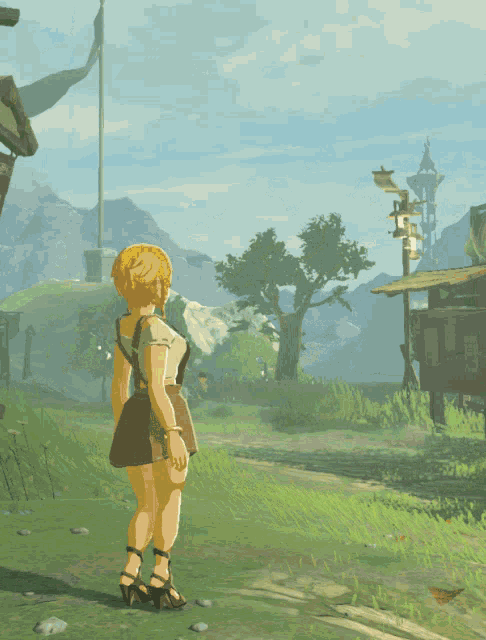 a video game shows a girl running in the grass