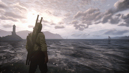 a man standing on a beach with a gun on his back looking at the ocean