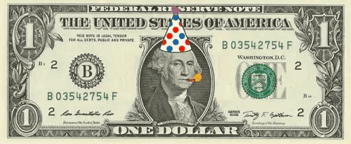 a one dollar bill from the united states of america has a birthday hat on it