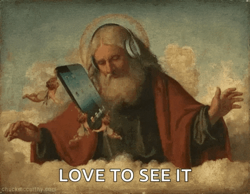 a painting of a man wearing headphones and holding a cell phone with the words love to see it below him