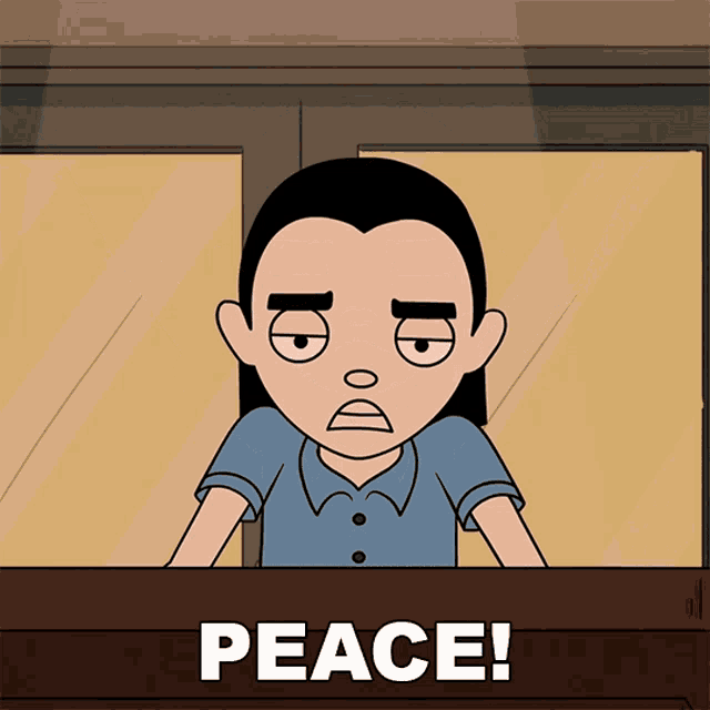 a cartoon of a girl looking out a window with the words peace written below her