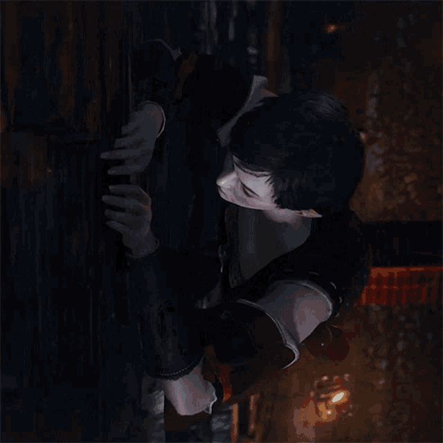 a woman in a dark room is holding onto a railing
