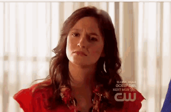 a woman in a red shirt with the words season finale gossip girl next mon 9 pm