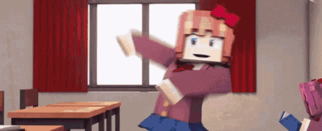 a minecraft girl is dancing in a classroom with a book .