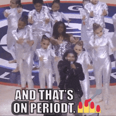 a group of gymnasts are performing on a stage and the caption says and that 's on periodt