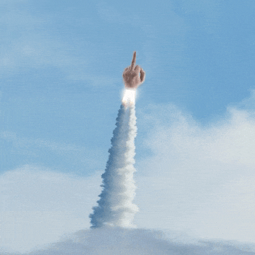 a rocket with a middle finger pointing upwards