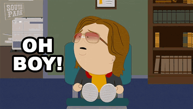 a cartoon character with sunglasses and the words oh boy