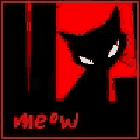 a black cat with white eyes is on a red and black background with the word meow .