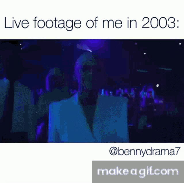 a woman in a white suit is dancing in a dark room with a caption that says live footage of me in 2003 .