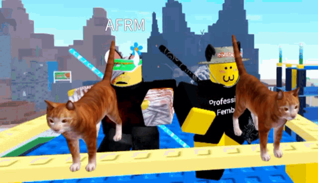 two cats are standing next to a man in a black shirt that says " professor femb "