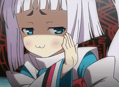 a tokyo mx anime character with white hair and blue eyes making a face