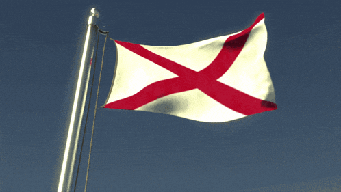a flag with a red cross on it is flying in the wind
