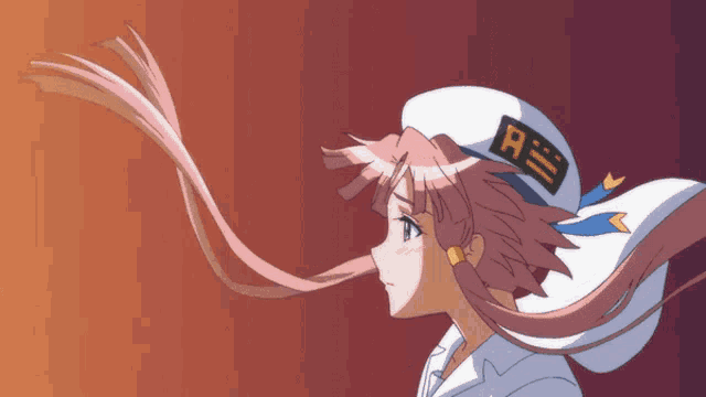 a girl with pink hair is wearing a white hat with the letter r on it