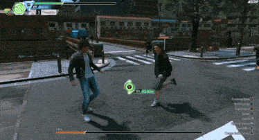a screenshot of a video game shows a man fighting another man with a green button that says action