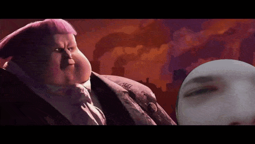 a cartoon character in a suit and bow tie is looking at another cartoon character 's face