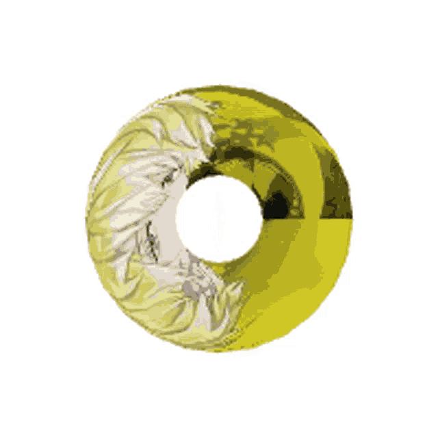a yellow and black circle with a hole in the middle on a white background