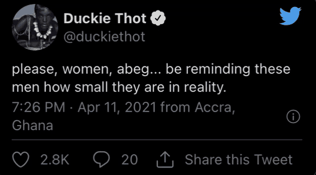a tweet from duckie thot on april 11th 2021 from accra ghana
