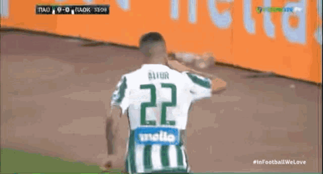 a soccer player with the number 22 on his jersey stands on the field