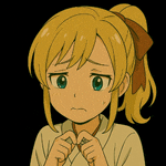 a cartoon girl with blonde hair and green eyes is looking sad