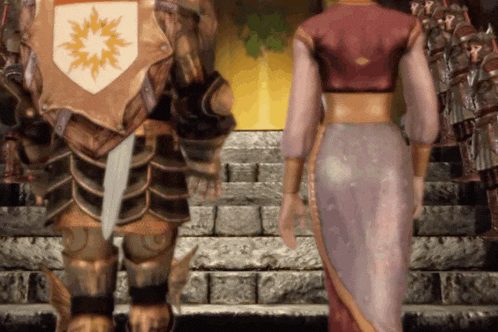 a woman in a red dress is standing next to a man in armor with a white shield with a sun on it