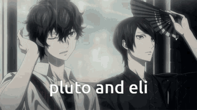 a couple of anime characters with the words pluto and eli