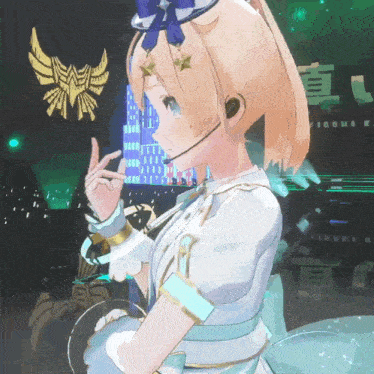a girl with a microphone on her head stands in front of a sign that says ioona k.