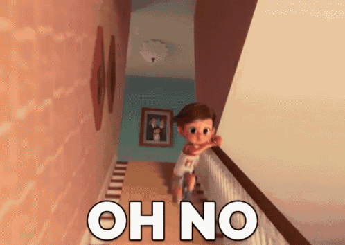 a baby is standing on a set of stairs with the words oh no written on the bottom