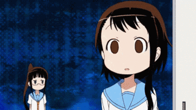 two anime girls are standing next to each other and one has glasses