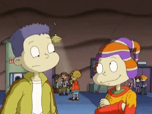two cartoon characters are standing next to each other in a hallway .