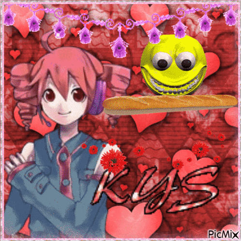 a picture of a girl with a smiley face and a loaf of bread with the word kus on the bottom