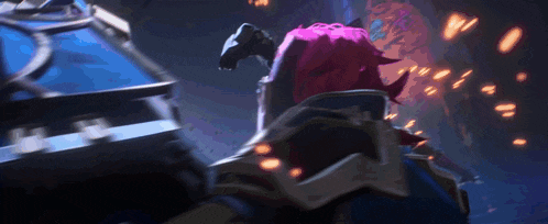 a cartoon character with pink hair is standing in a dark room holding a gun .