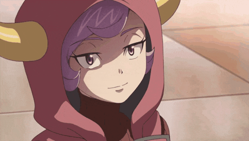 a girl with purple hair is wearing a red hoodie