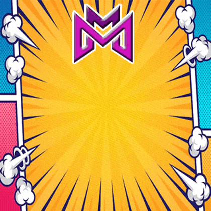 a comic book background with a purple letter m in the middle