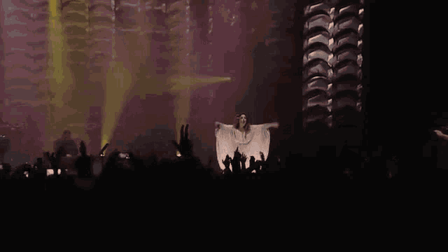 a woman is singing into a microphone in front of a crowd at a concert