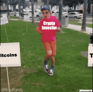 a man wearing a pink shirt that says crypto investor is running in the grass